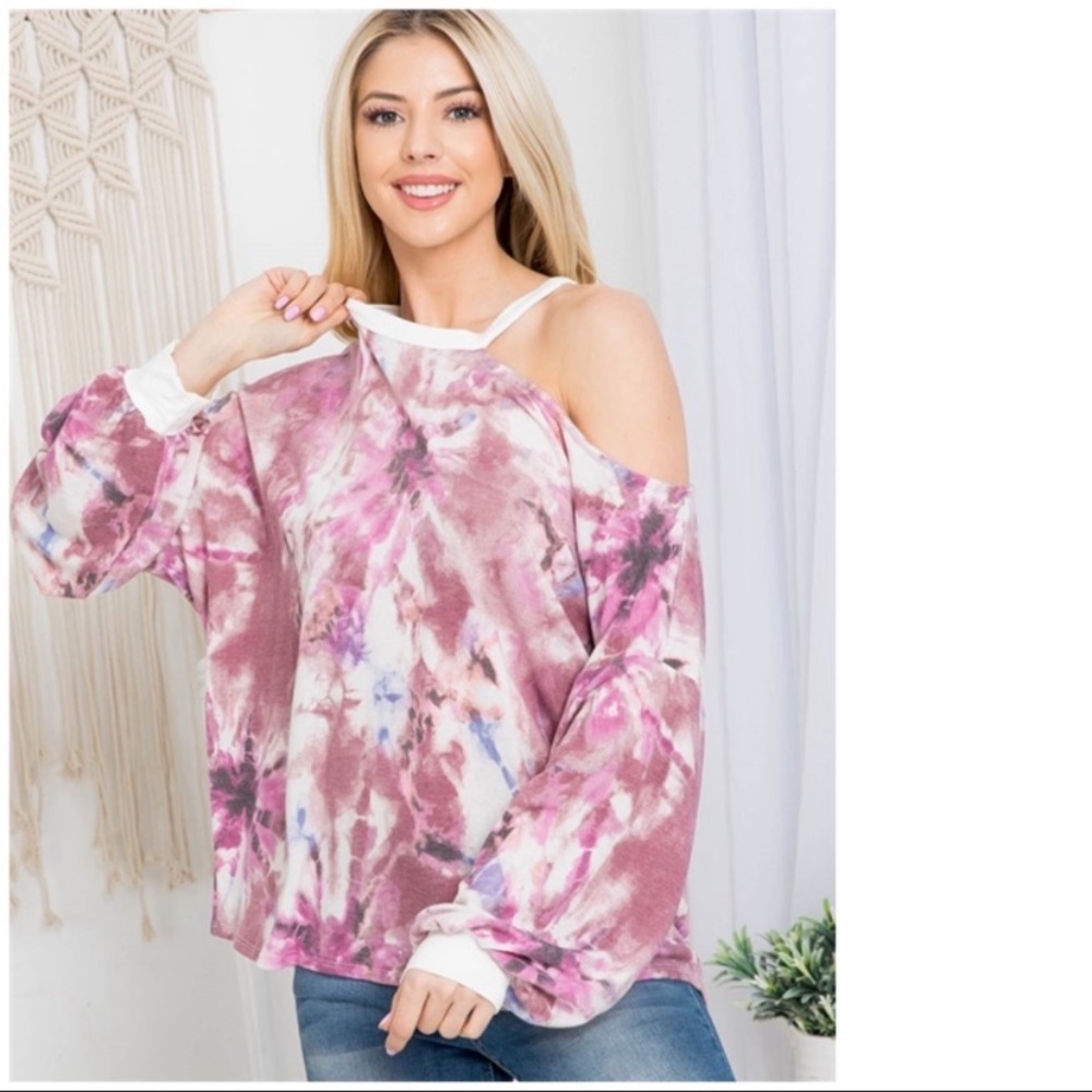 New Boutique Brand Tie Dye Sweater, Deep Cut Cold Shoulder & Bishop sleeves